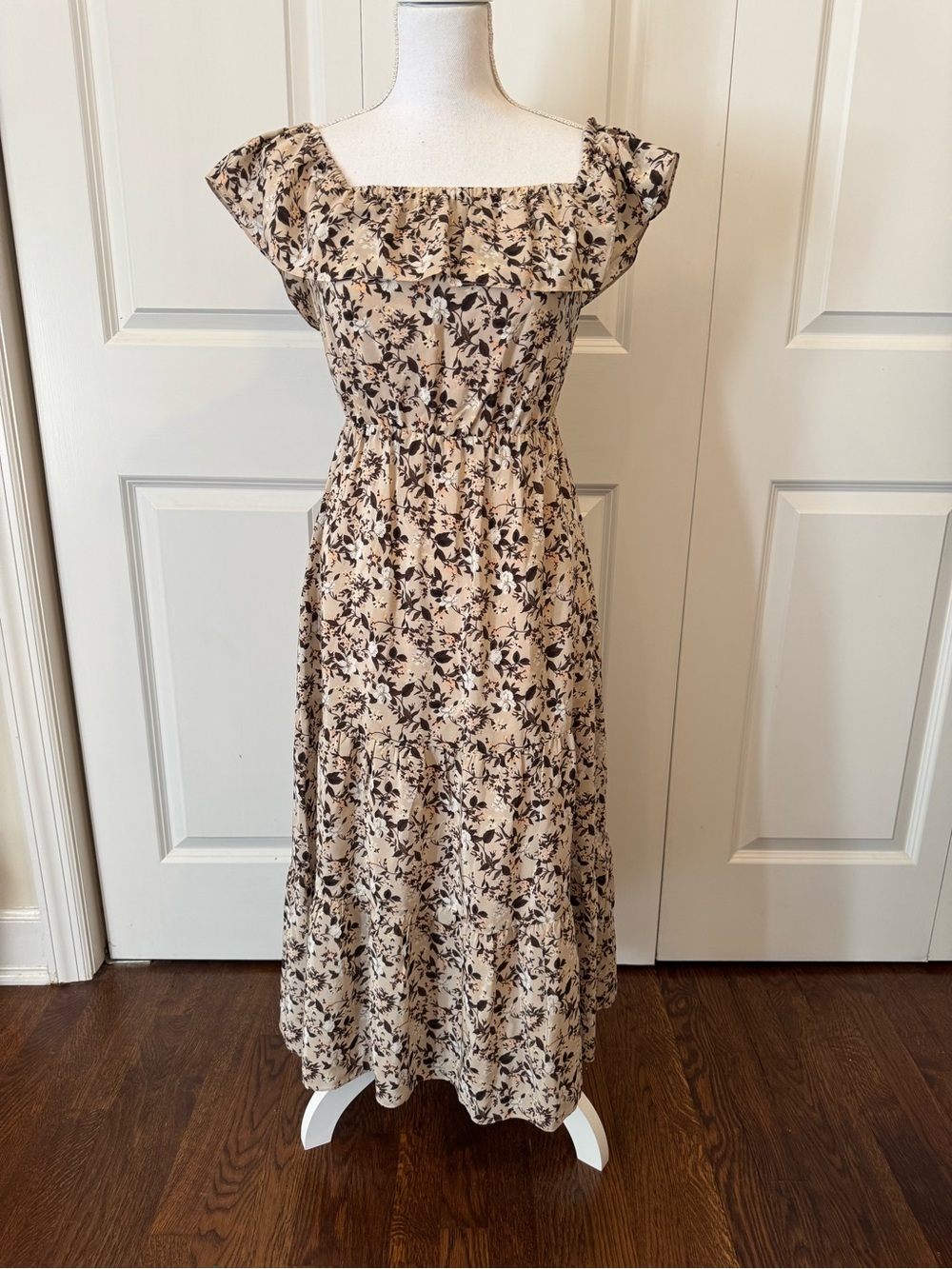 Club Monaco Silk Floral Off-Shoulder Ruffle Midi Dress Size 0 Boho Romantic - Picture 2 of 14